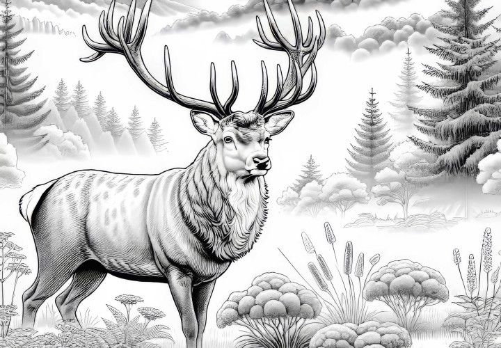 Cerf avec de grands bois dans le brouillard : Coloriage gratuit Cerf avec de grandes bois dans le brouillard : Modèle de coloriage gratuit