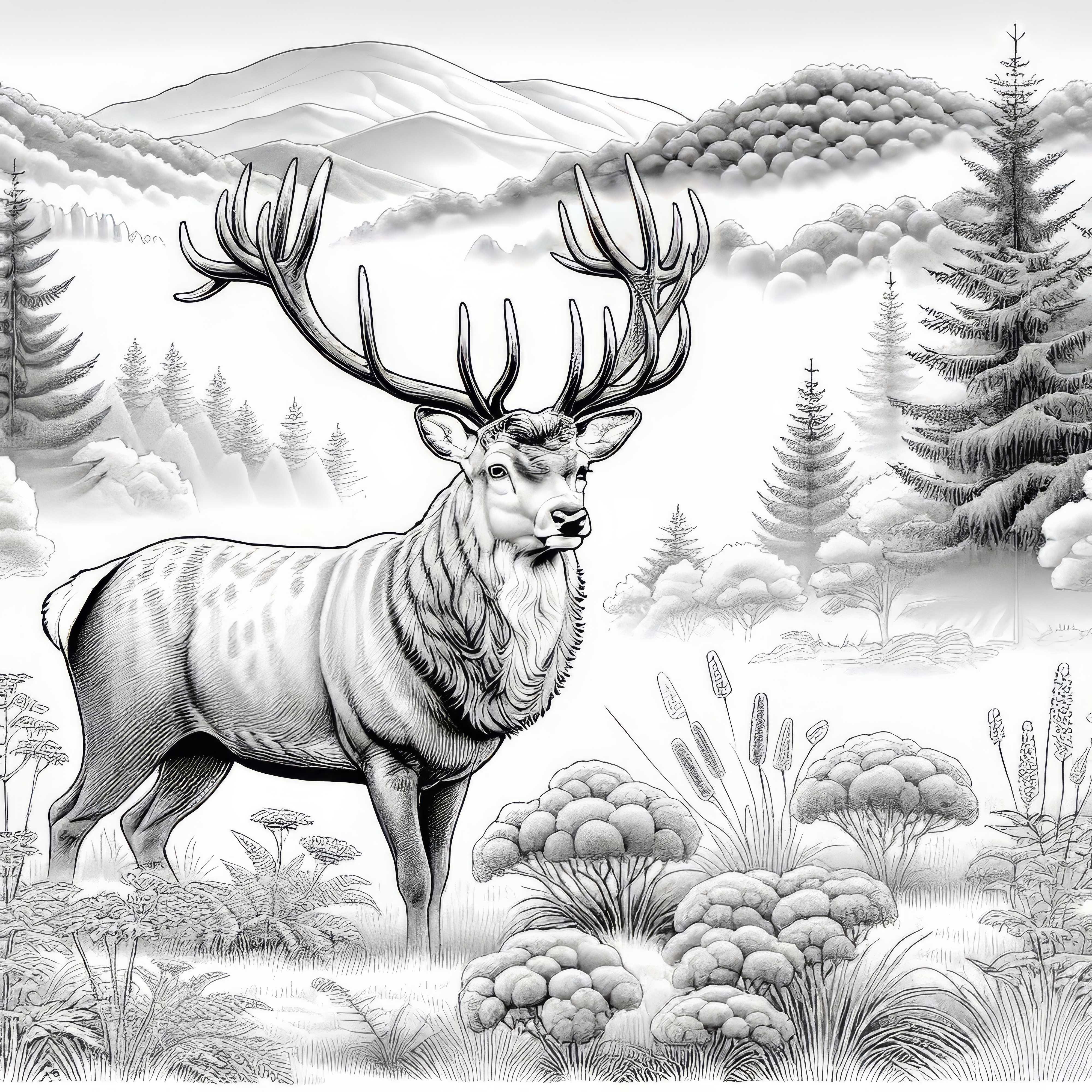 Cerf avec de grands bois dans le brouillard : Dessin à colorier gratuit
