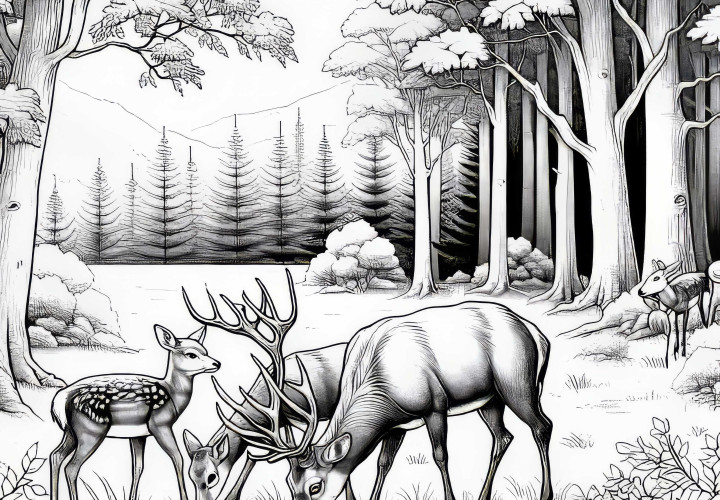 Famiglia di cervi in una radura nel bosco: Disegno da colorare gratuito Famiglia di cervi in una radura nel bosco: Disegno da colorare gratuito
