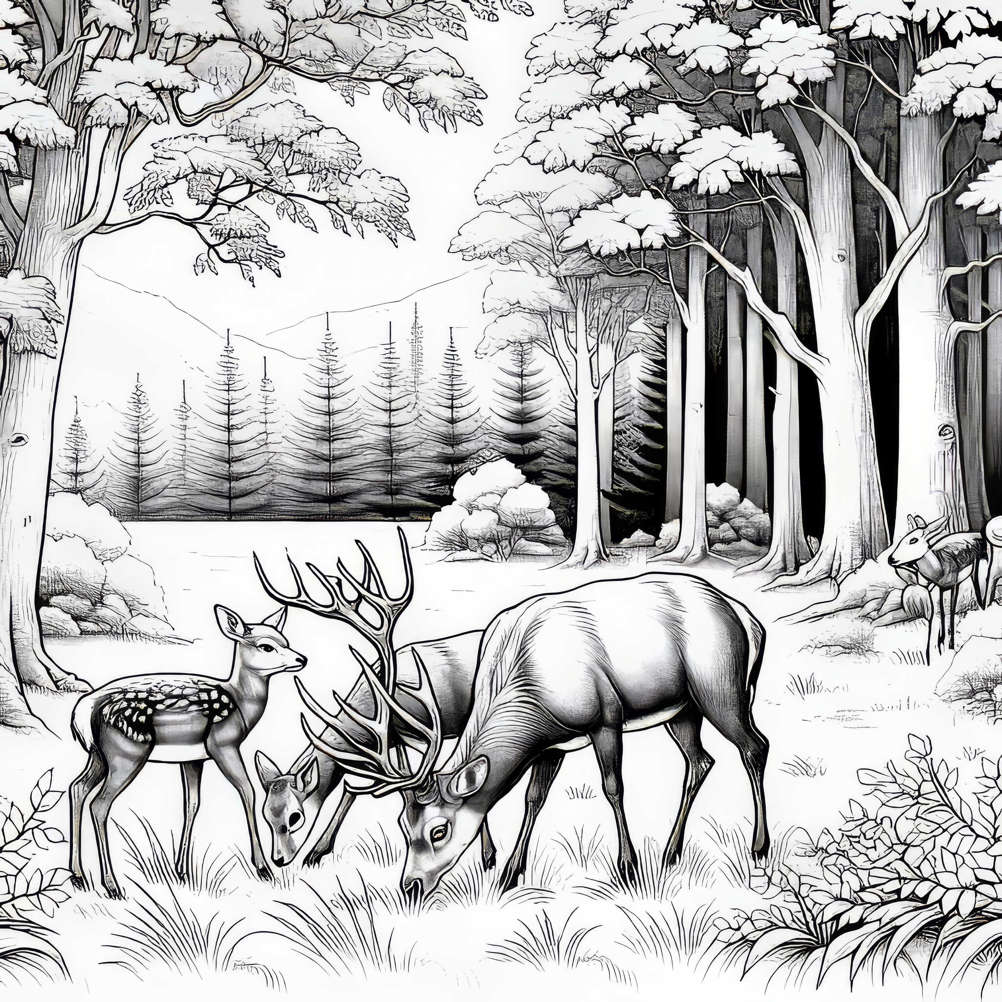 Famiglia di cervi in una radura nel bosco: Disegno da colorare gratis