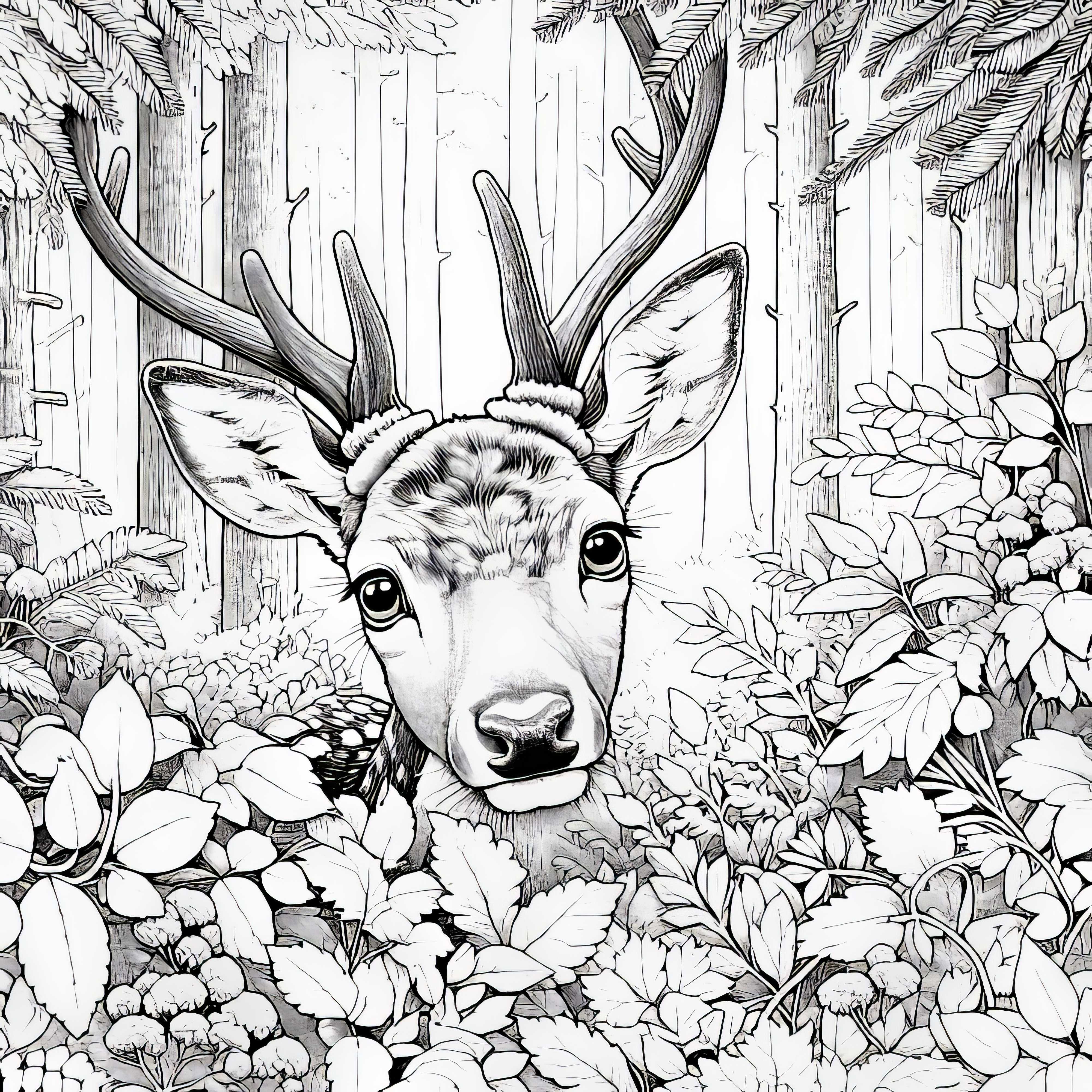 Le cerf regarde curieusement hors de la forêt : modèle à colorier à télécharger (gratuit)