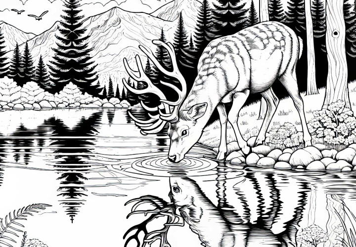 Cervo che beve dal lago boschivo con riflesso nell'acqua: disegno da scaricare (gratuito) Cervo beve dal lago boschivo con riflessione nell'acqua: modello da colorare da scaricare (gratuito)