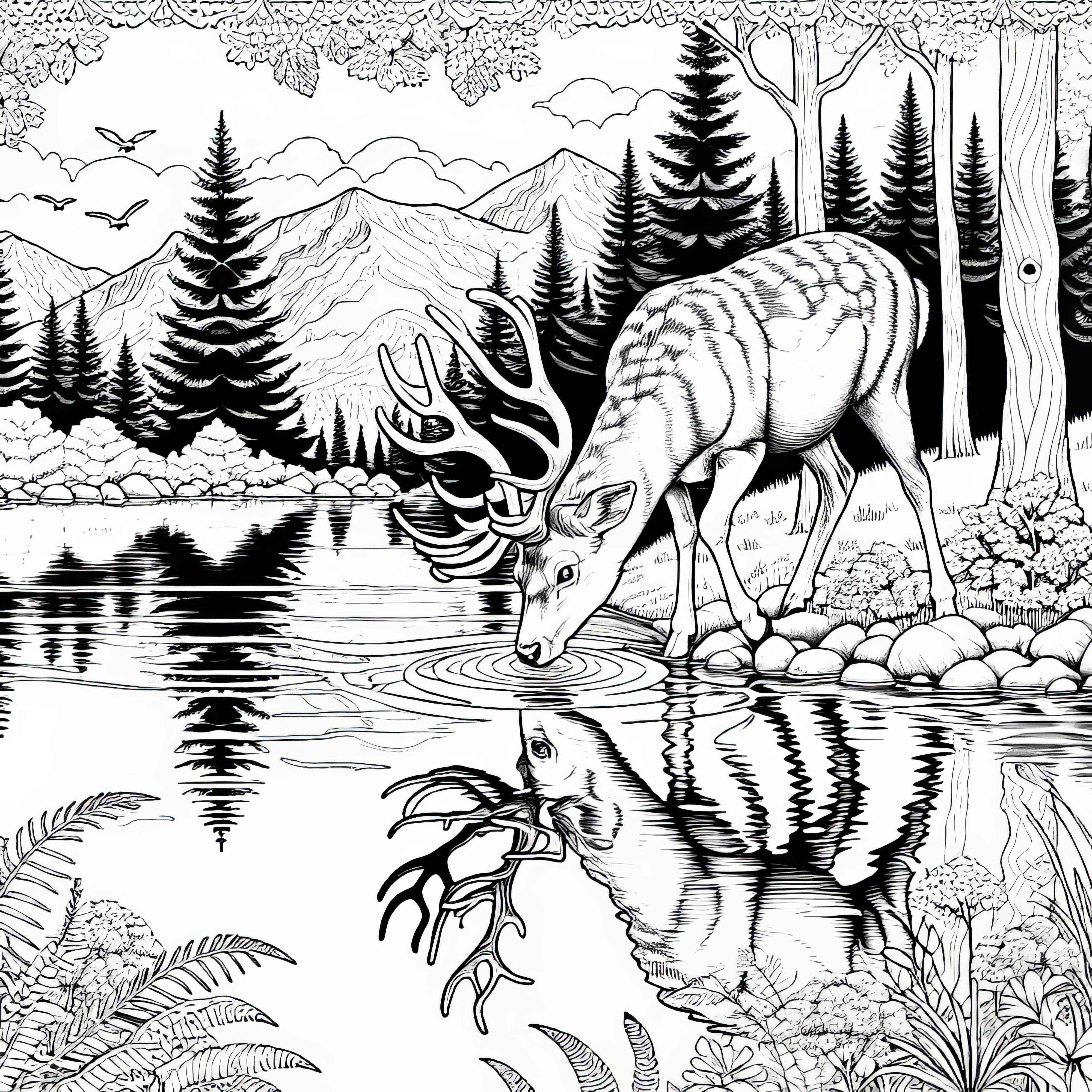 Cervo beve dal Lago nel bosco con riflesso nell'acqua: Modello da colorare da scaricare (Gratuito)