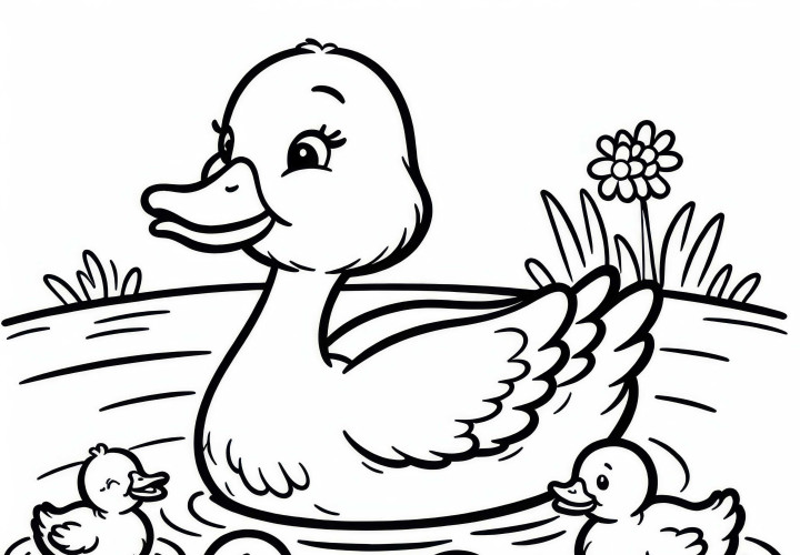 Mãe pata nada com os patinhos sobre o lago: Desenho para colorir (Gratuito) A mãe pato nada com os patinhos pelo lago: Desenho para colorir simples (Gratuito)