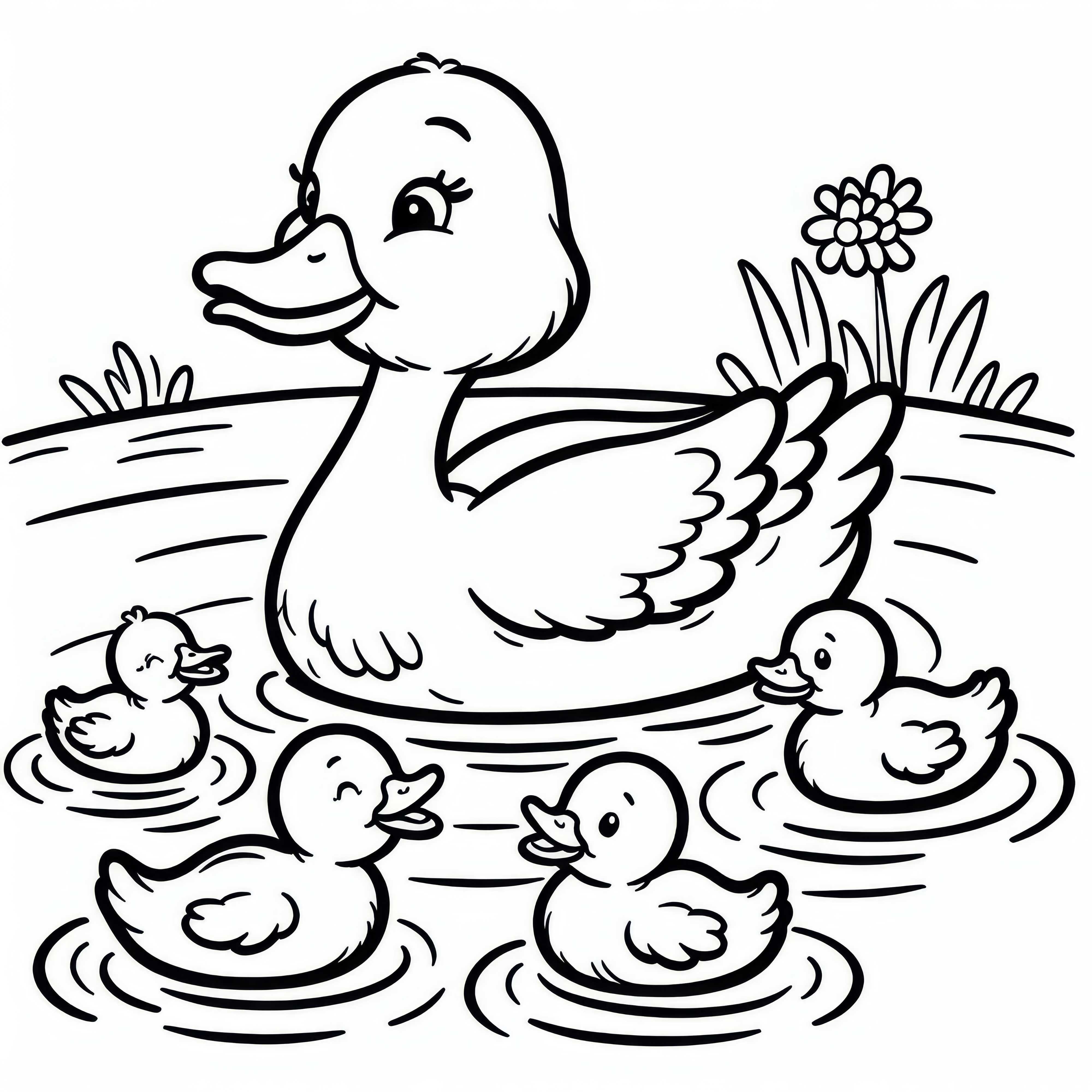 A mãe pata nada com os patinhos sobre o lago: Desenho para colorir simples (Gratuito)