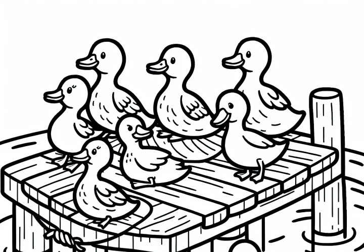 Patos sentados em um deck: Imagem para colorir simples (Gratuita) Patas sentadas em um píer: Desenho para colorir simples (Gratuito)