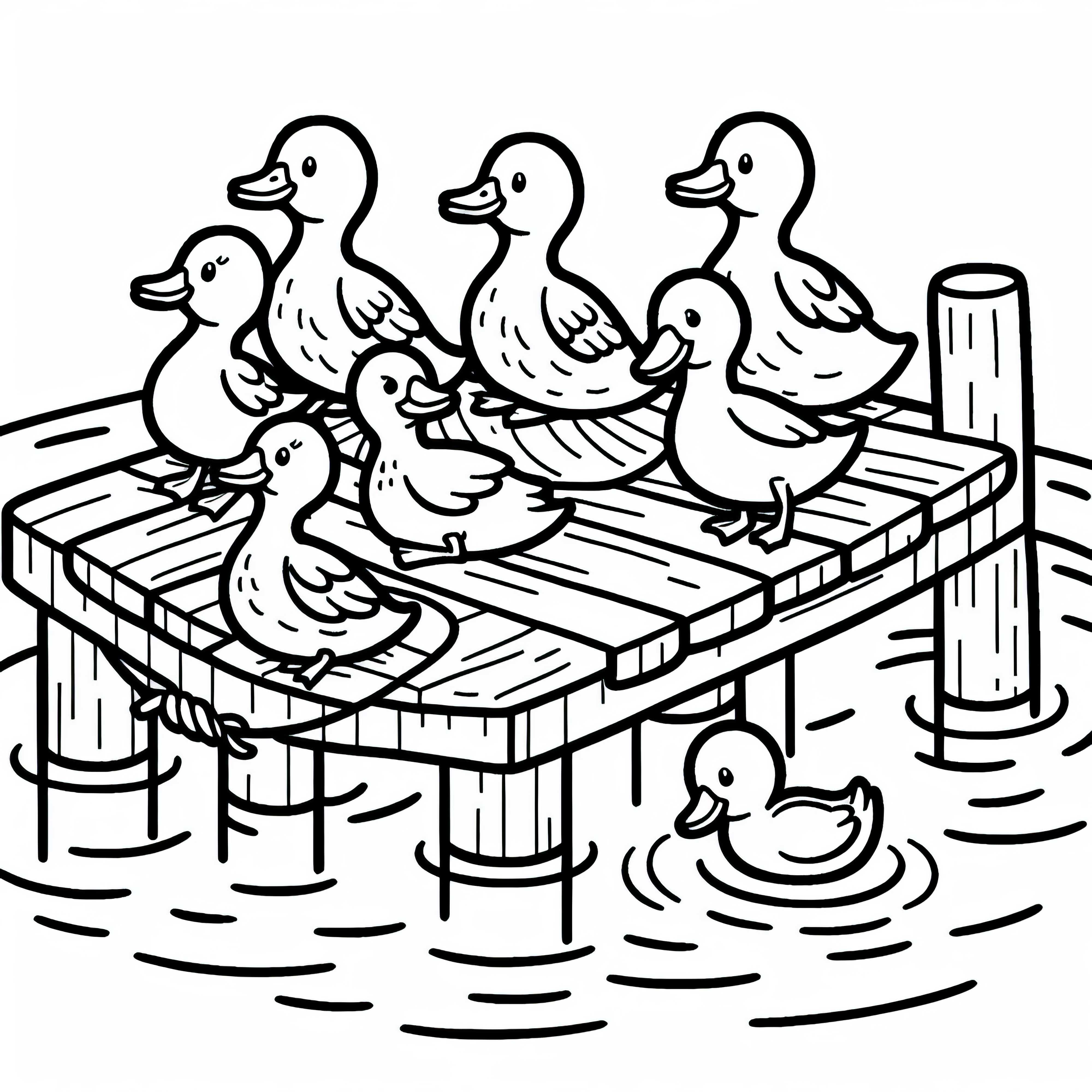 Patos sentados em um píer: Imagem para colorir simples (Gratuito)