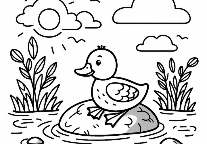 Pato descansa em uma pedra na água: Modelo de colorir simples (Gratuito) Pato descansa em uma pedra na água: Modelo de colorir simples (Grátis)