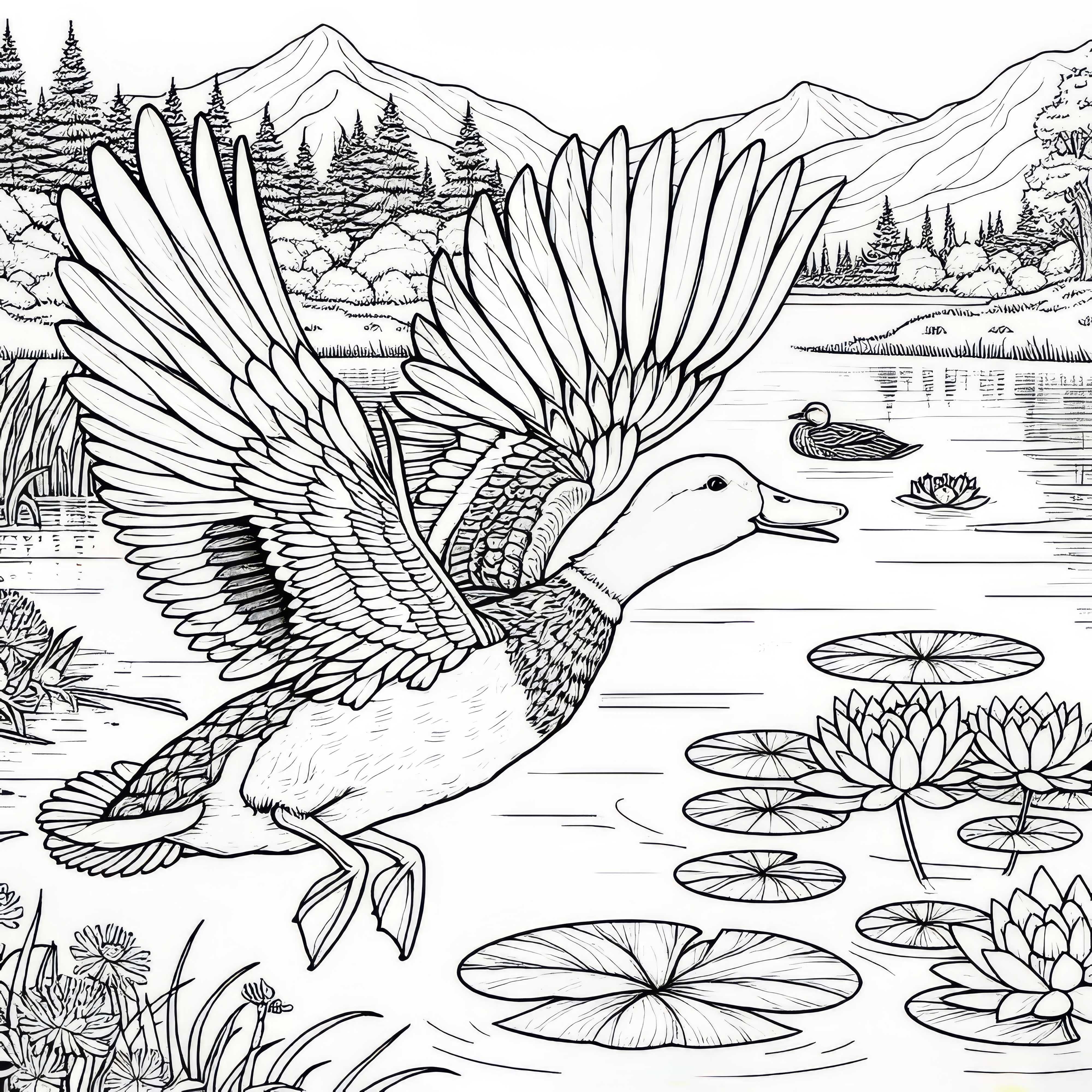 Pato voa com as asas abertas sobre o lago: Modelo de pintura realista (Grátis)