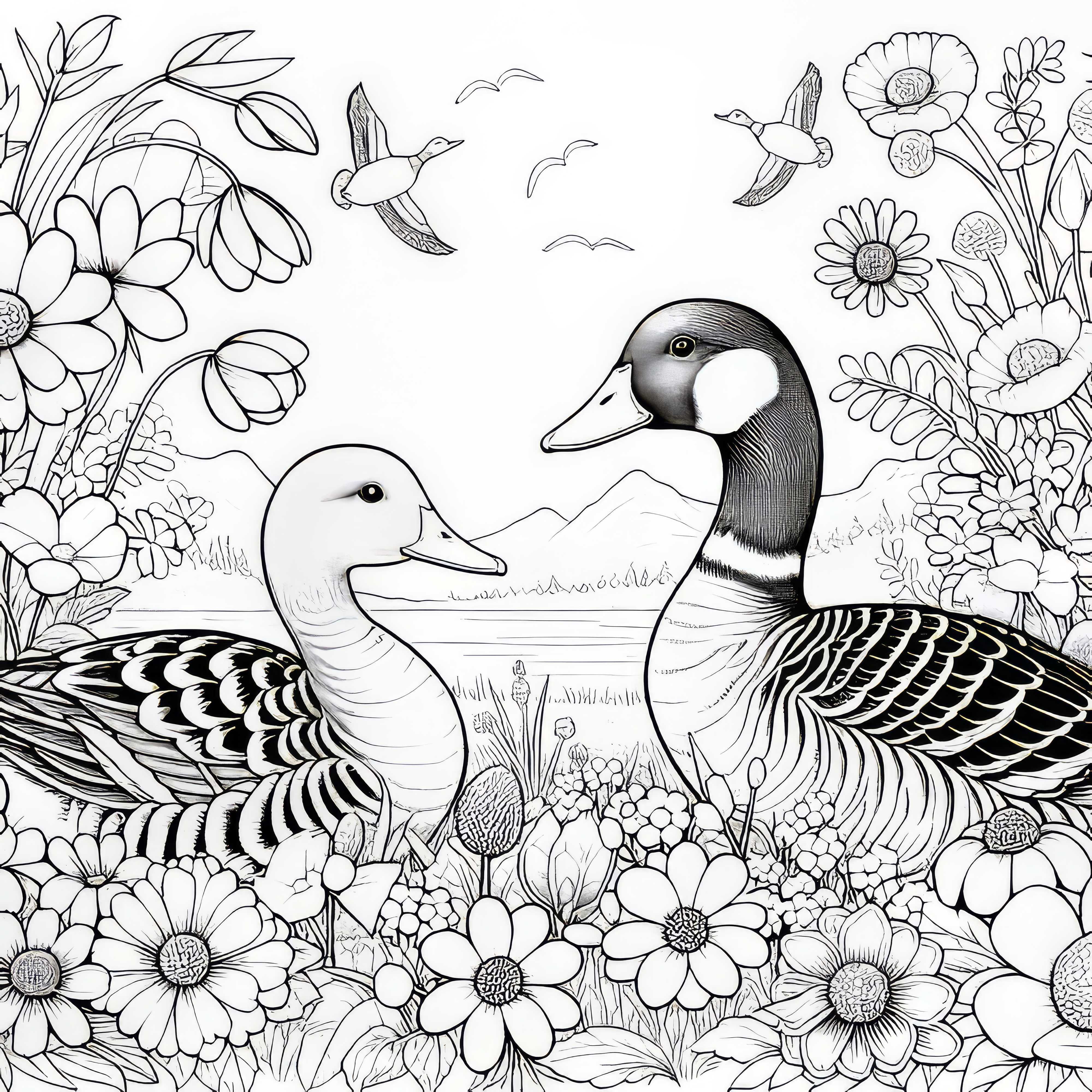 Duas patos em um campo com flores: Desenho para colorir para download (Grátis)