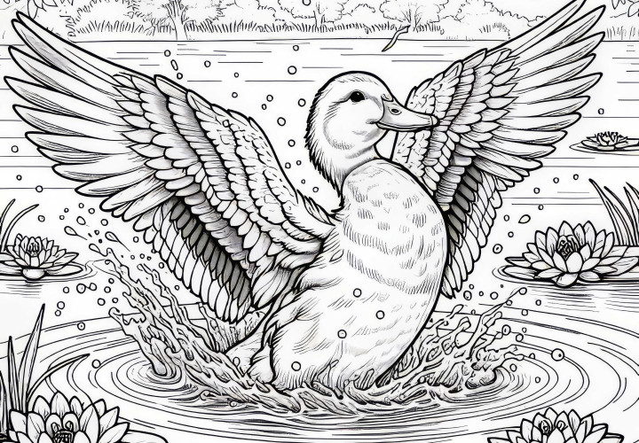 Pato com asas abertas: Modelo de pintura gratuito Pato com asas abertas: Modelo para colorir gratuito