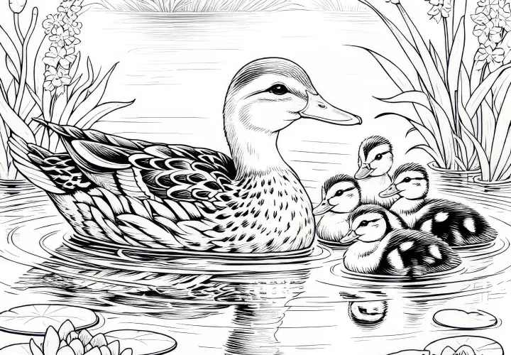 Kachna s kachňaty plave přes rybník: Obrázek k vybarvení ke stažení (zdarma)