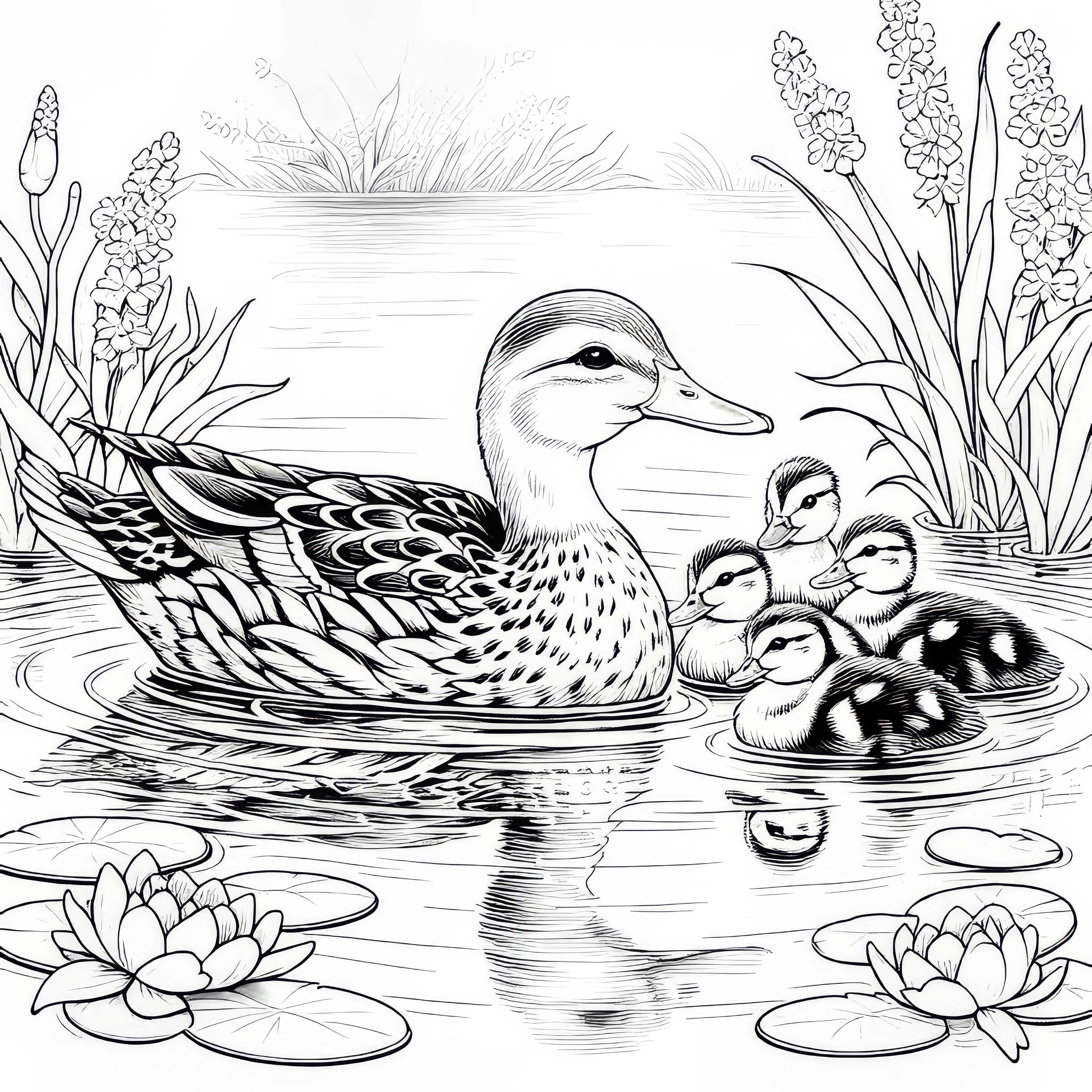 A mãe pato nada com os patinhos sobre o lago: Desenho para colorir para download (Gratuito)