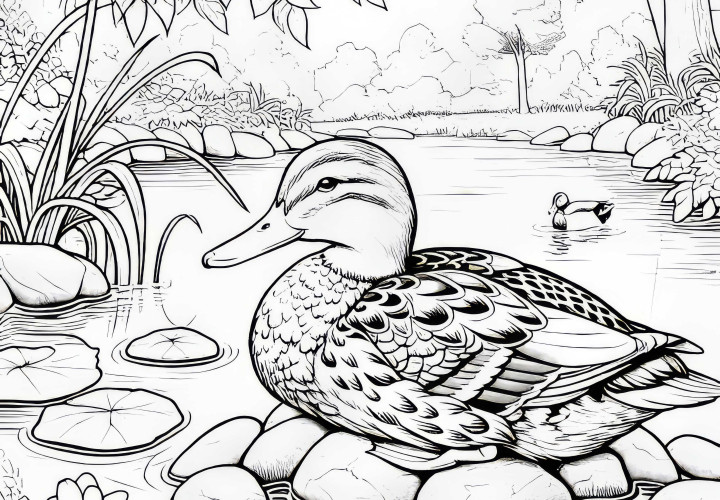 Pato sobre pedras na água: Imagem para colorir para download (Grátis) Pato sobre pedras na água: Desenho para colorir para download (Grátis)
