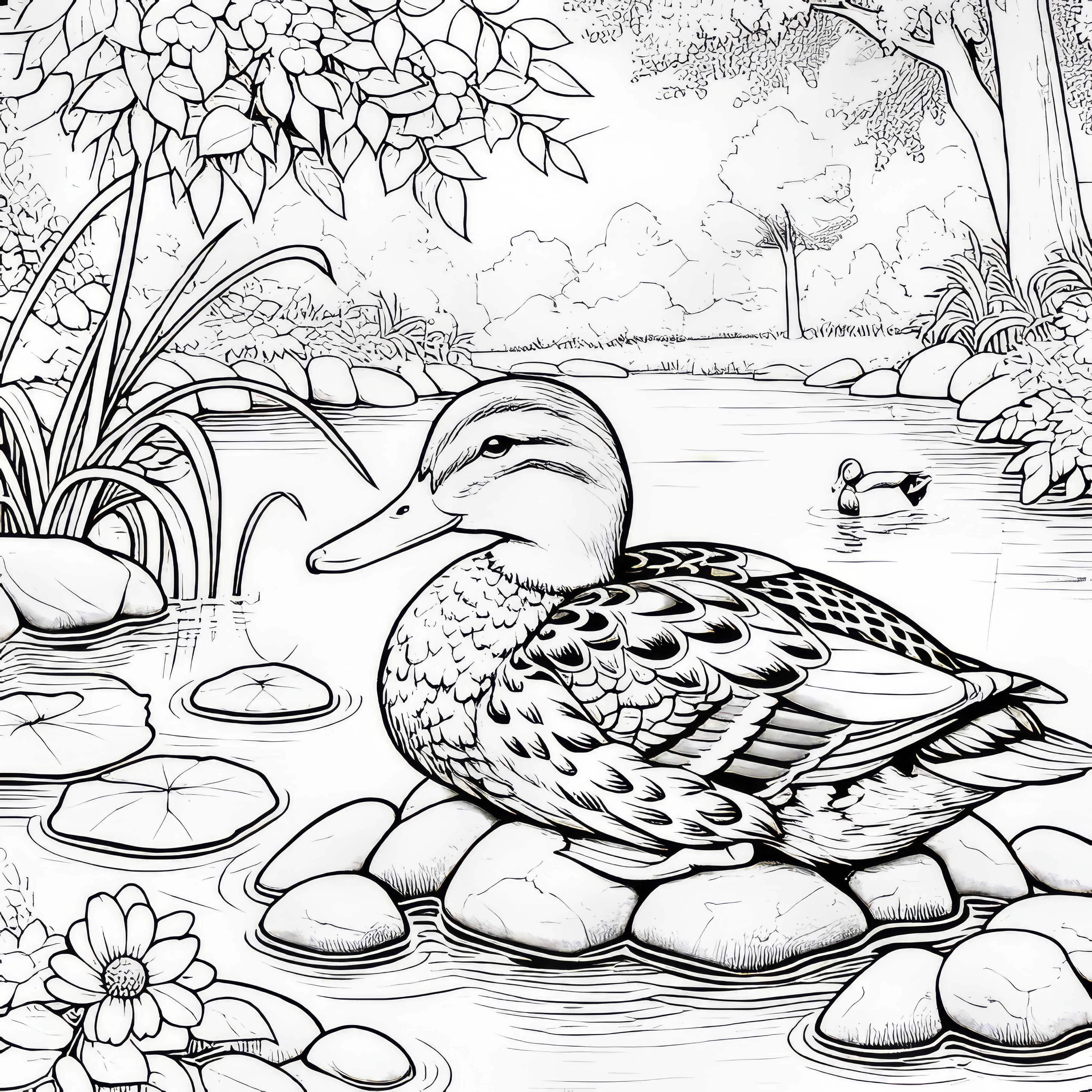 Pato sobre pedras na água: Desenho para colorir para download (Grátis)