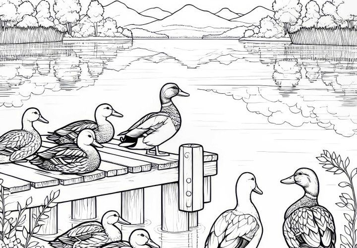 Patos sentados no deque: Modelo de colorir detalhado (Grátis) Patos sentados na passarela: Modelo de desenho detalhado (Grátis)