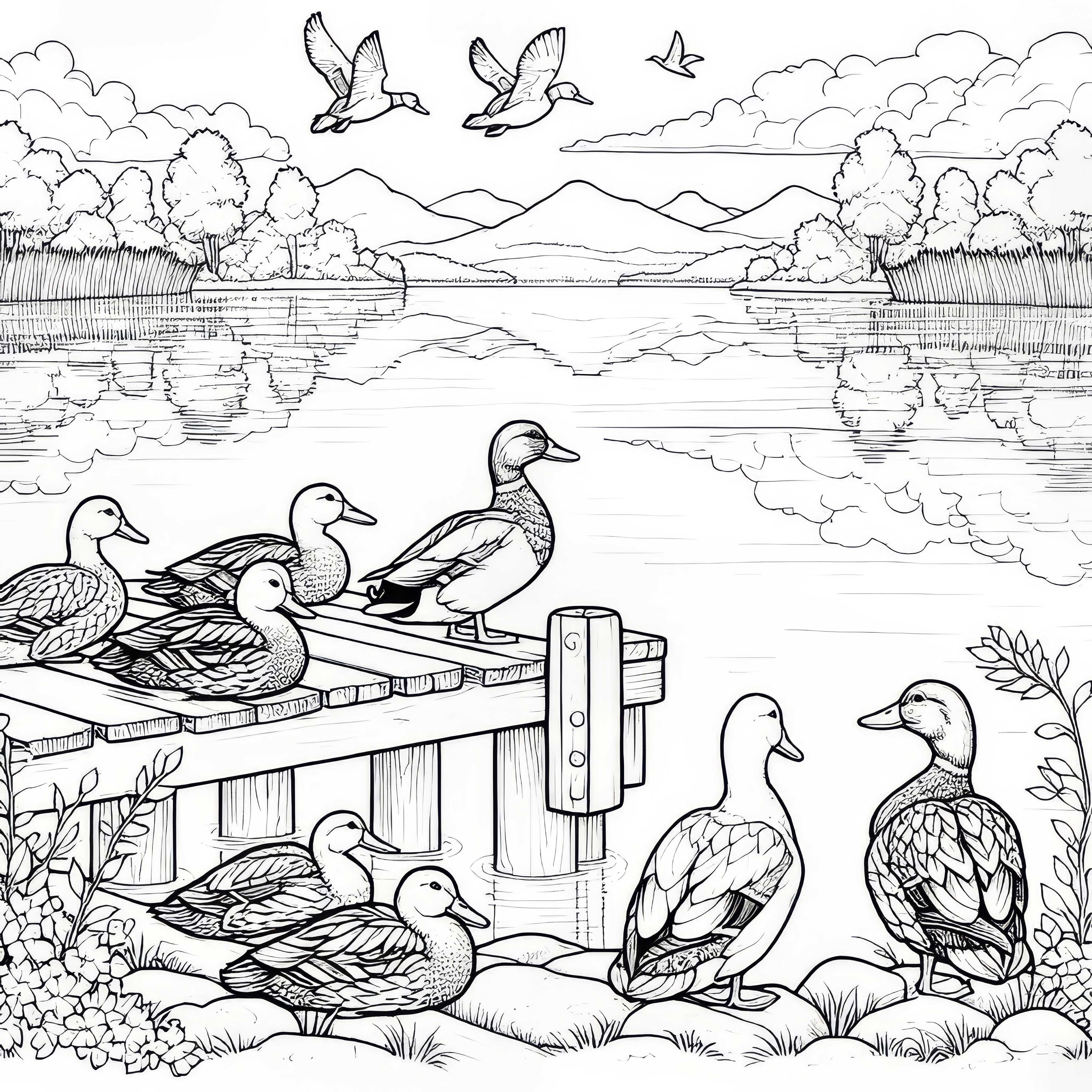Patos sentados no píer: Modelo de pintura detalhado (Grátis)