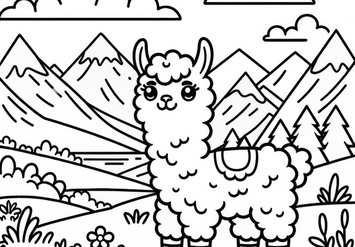 Lama com olhar engraçado está em pastagem de montanha: Modelo de desenho simples (Grátis) Lama com olhar engraçado está de pé em campo montanhoso: Modelo de pintura simples (Grátis)