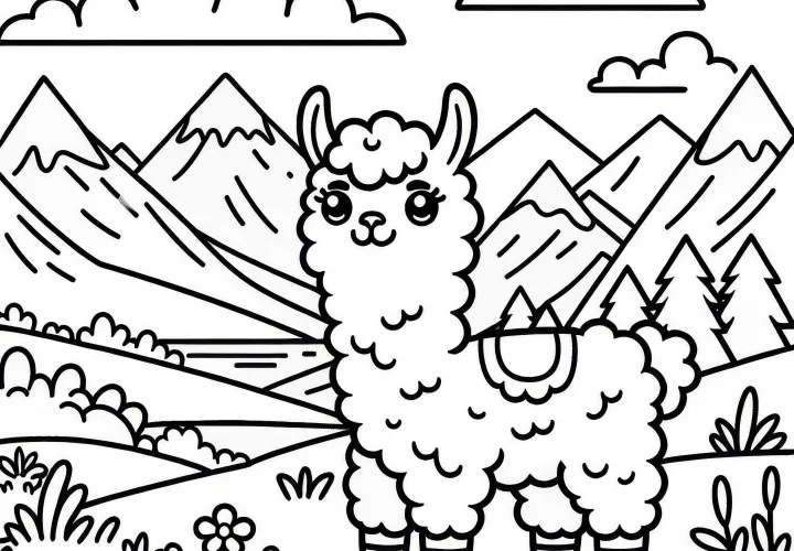 Lama s veselým pohledem stojí na horské louce: Jednoduchá omalovánka (zdarma)