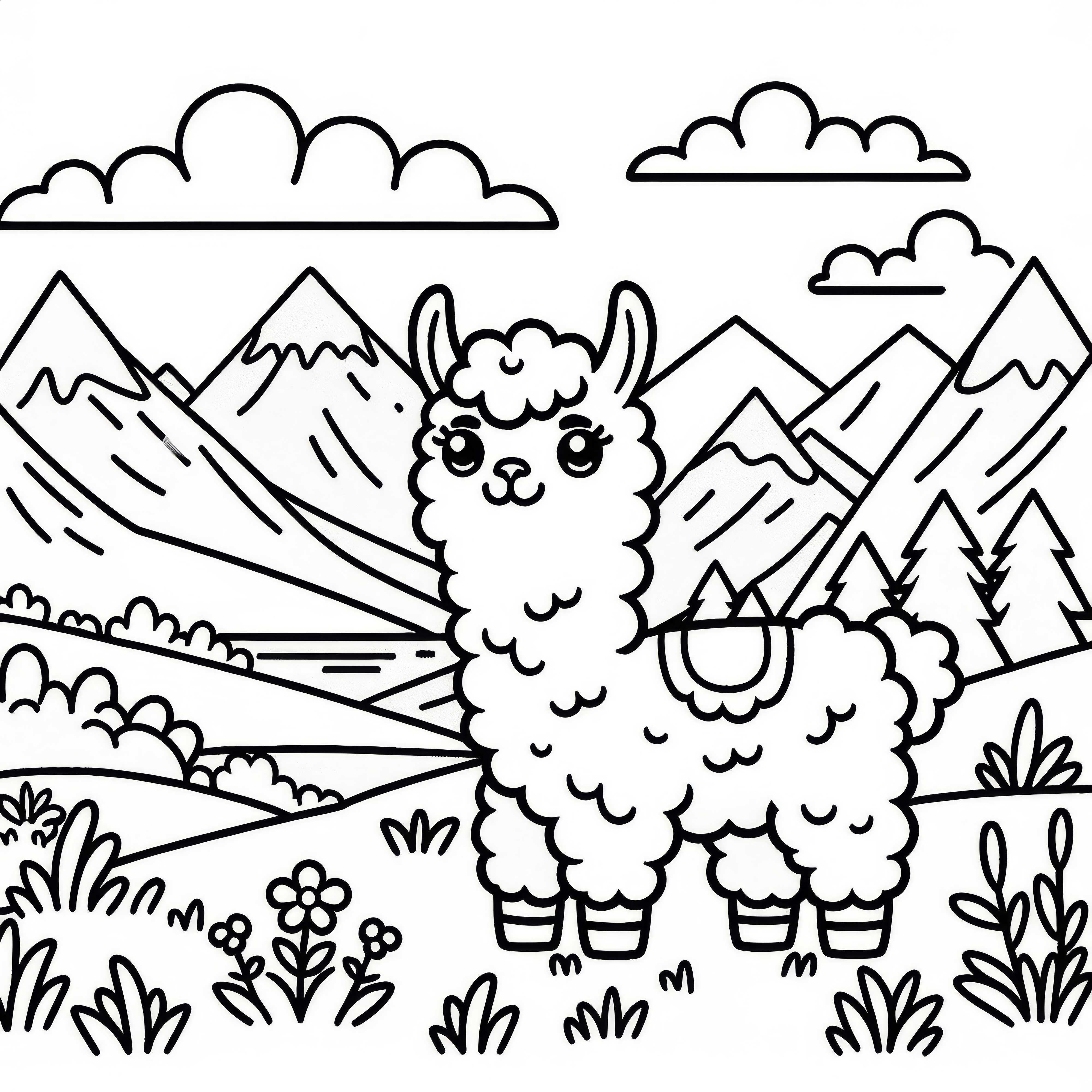 Lama com olhar engraçado está em um prado montanhoso: Modelo de colorir simples (Gratuito)