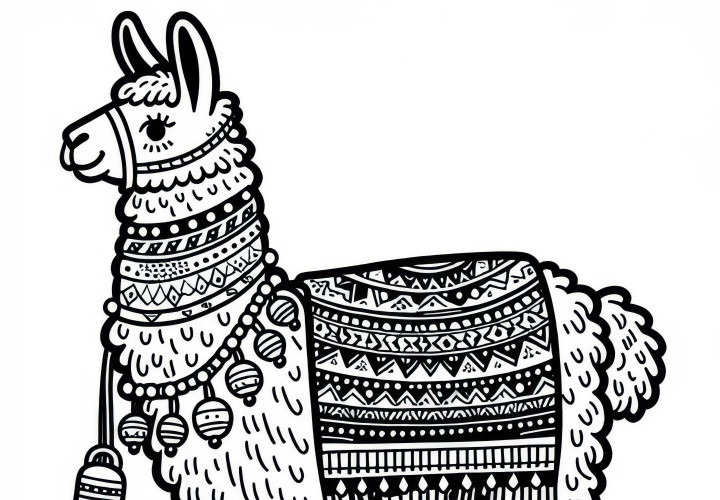 Lama com cobertor e sinos no pescoço: Desenho para colorir simples (Gratuito) Lama com coberta e sinos no pescoço: Imagem para colorir simples (Gratuito)