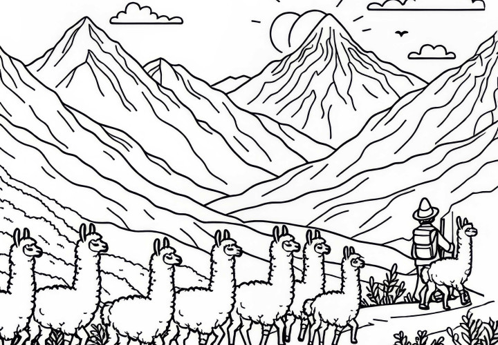 Lhamas passeiam pelos Andes: Desenho para colorir simples (Gratuito) Lamas caminham pelos Andes: Desenho para colorir simples (Gratuito)