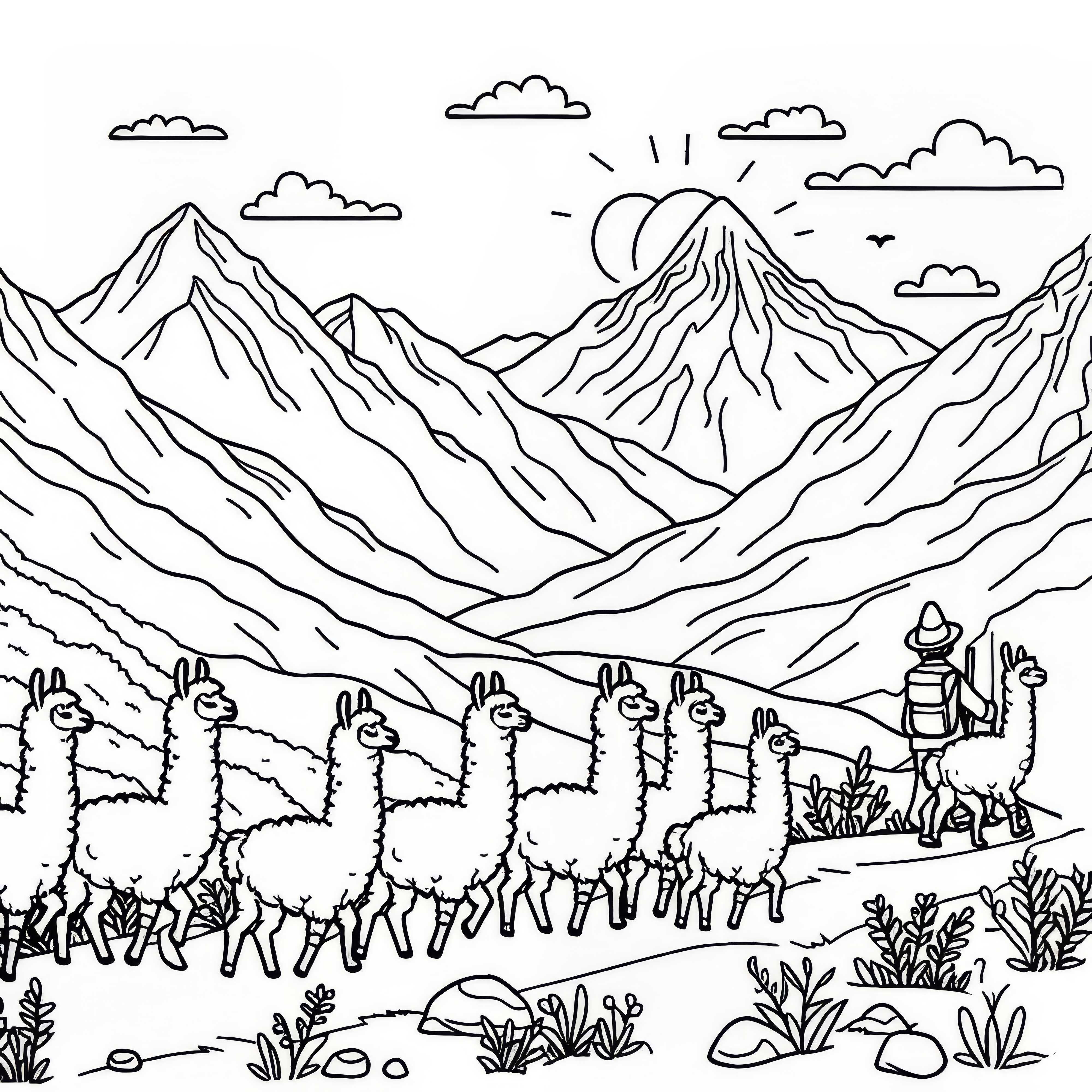 Lhamas caminham pelos Andes: Imagem para colorir simples (Grátis)