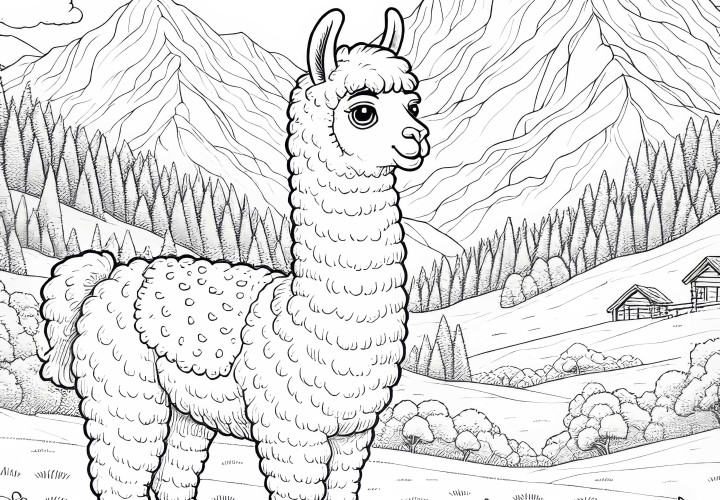 Lama com olhar engraçado em prado de montanha: modelo para colorir para download (grátis) Lama com olhar divertido na prado montanhoso: Template para download (Grátis)
