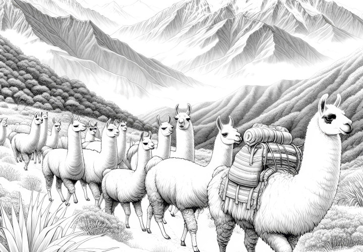 Lhamas estão caminhando pelos Andes: Desenho para colorir para download (Grátis) Lhamas caminham pelos Andes: imagem para colorir para download (grátis)