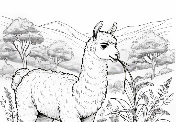 Lama mastiga confortavelmente uma folha de grama: Modelo de pintura gratuito Lama mastiga confortavelmente um talo de grama: modelo de colorir gratuito