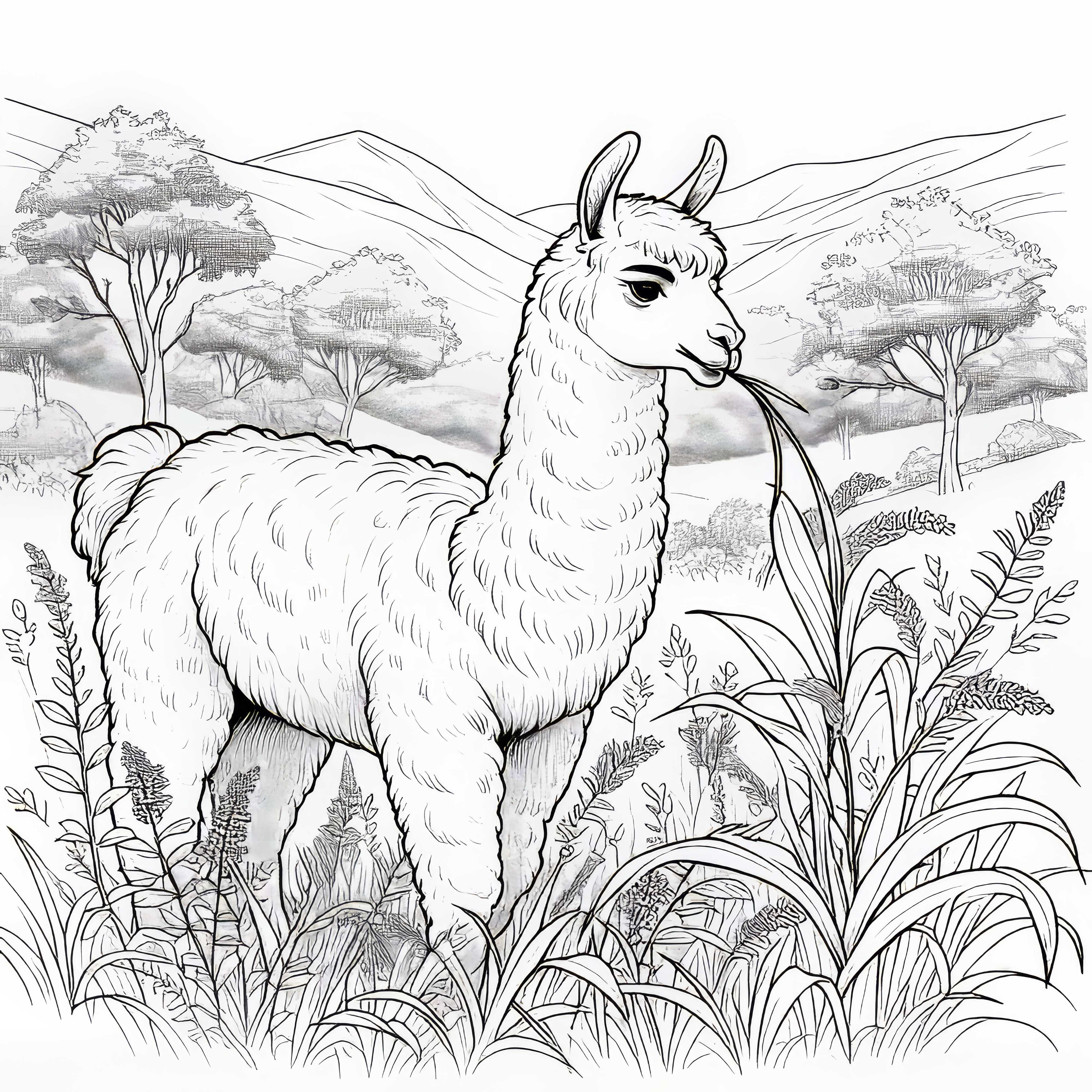 Lama mastiga confortavelmente em um talo de grama: Modelo para colorir gratuito