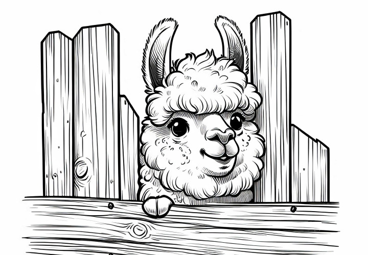 Lama olha atrevido para fora da cerca de madeira: Desenho para colorir para baixar (Gratuito) Lama aparece de forma travessa atrás da cerca de madeira: Desenho para colorir para download (Gratuito)