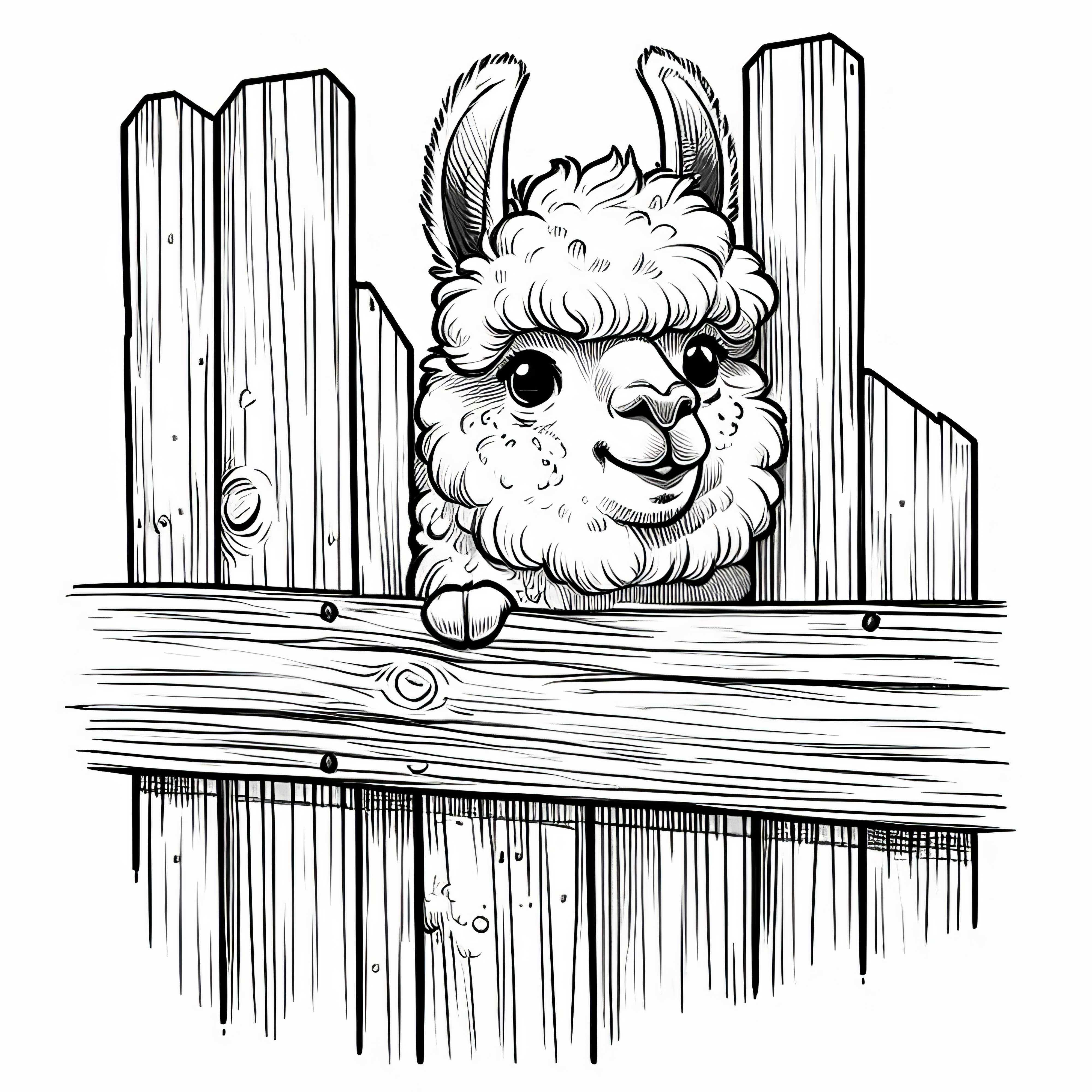 Lama olha atrevido para fora da cerca de madeira: Desenho para colorir para baixar (Gratuito)