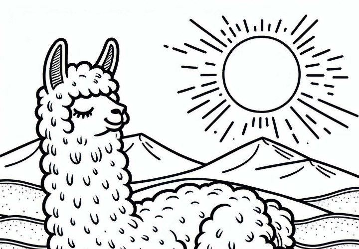 Lama deitado na areia: Modelo de pintura gratuito Lama deitado na areia: Modelo de colorir gratuito