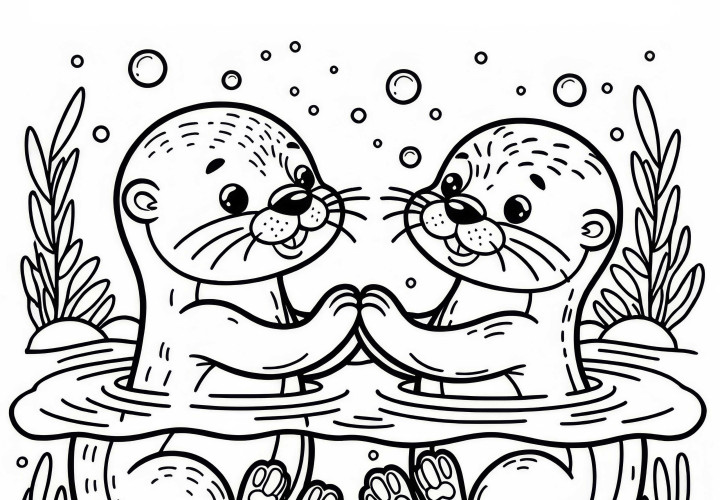 Dois lontras flutuam na água: Desenho para colorir simples (Gratuito)
