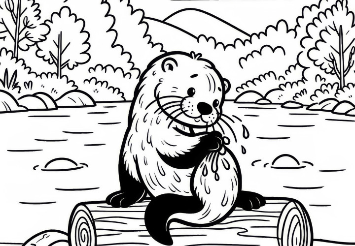 Lontra limpa seu pelo em um tronco: Desenho para colorir simples (Gratuito)