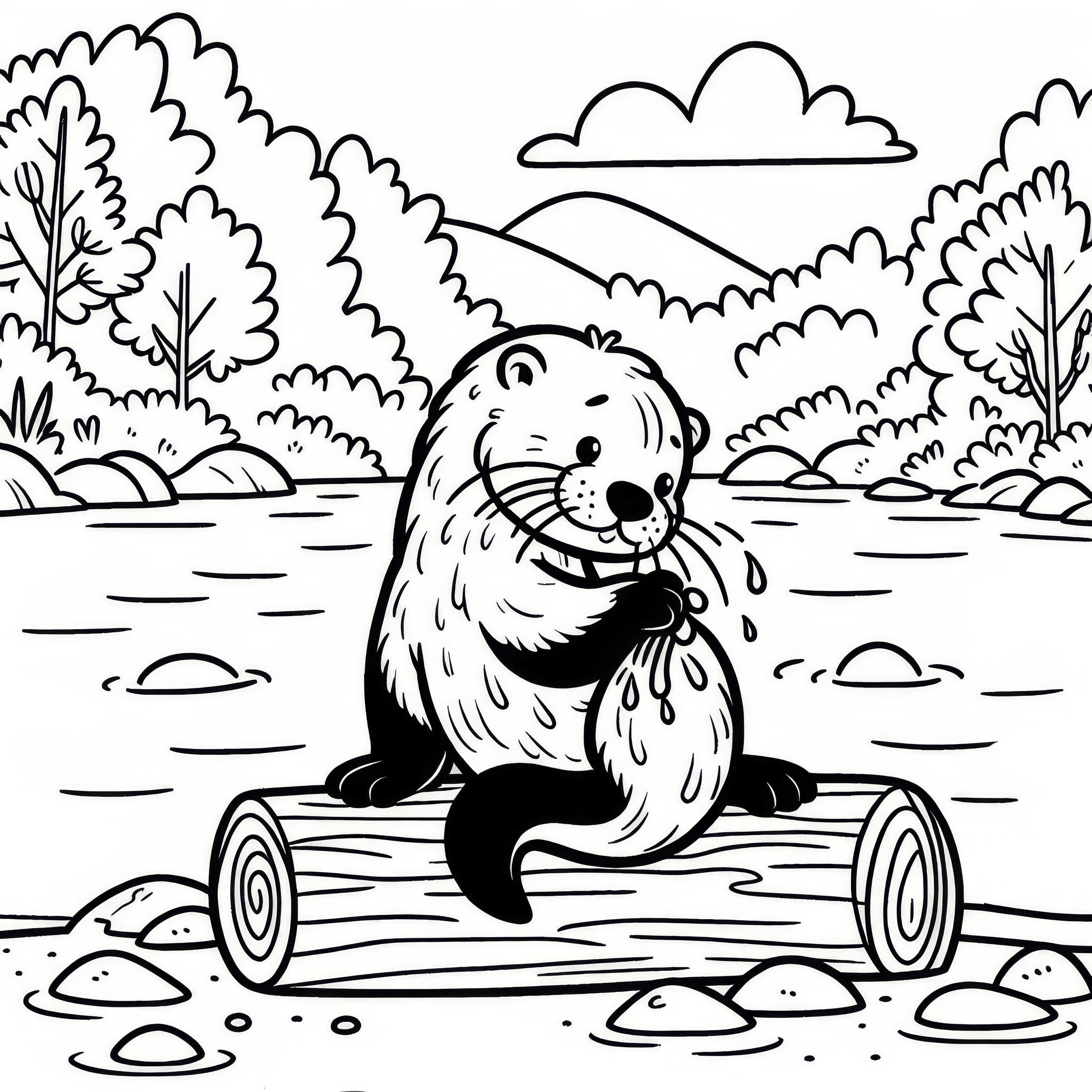 Lontra limpa sua pelagem em um tronco: Desenho para colorir simples (Gratuito)