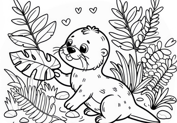 Filhote de lontra brinca curiosamente com folha: Desenho para colorir simples (Gratuito)