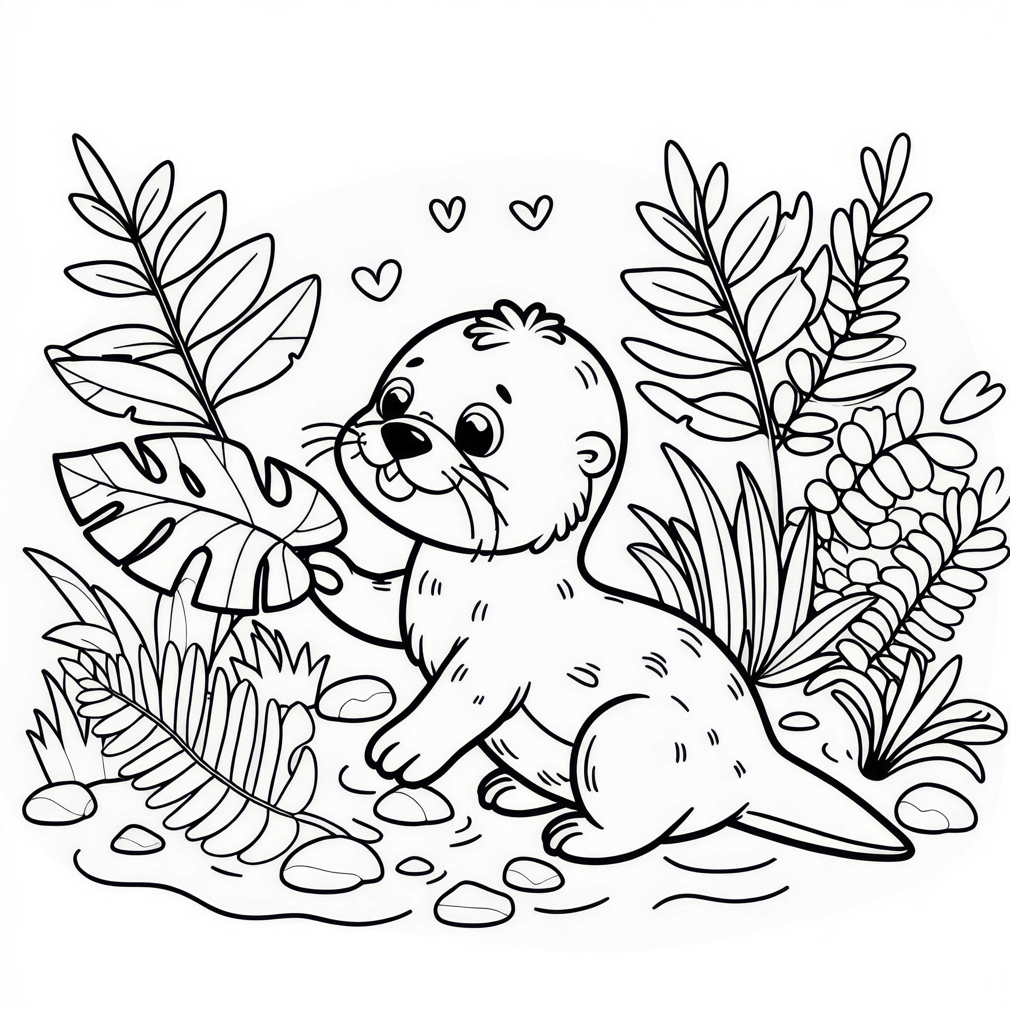 Filhote de lontra brinca curiosamente com uma folha: Desenho para colorir simples (Gratuito)