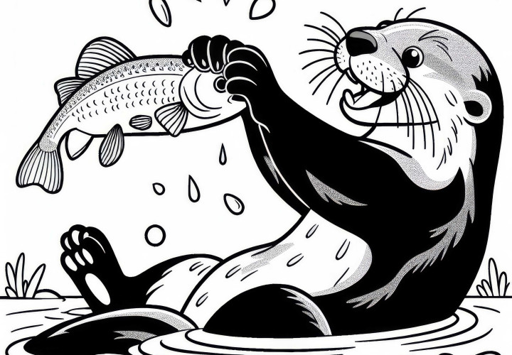 Doninha apanha um peixe com as patas: Desenho para colorir simples (Gratuito) Lontra pega um peixe com as patas: Desenho para colorir simples (Grátis)