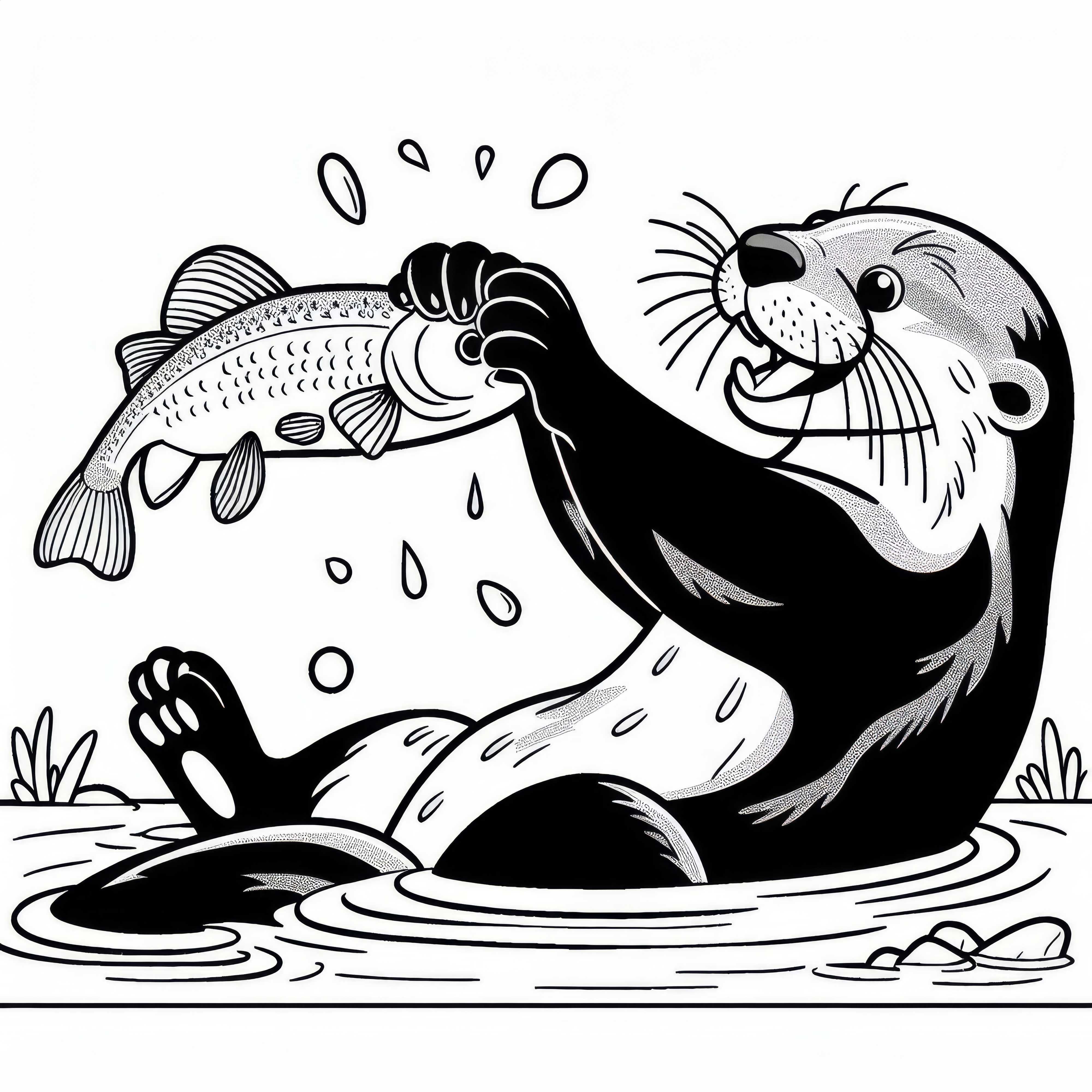 Lontra pega um peixe com as patas: Desenho para colorir simples (Grátis)