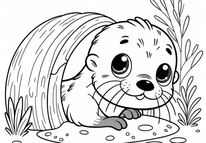 Lontra com grandes olhos olha de sua tosca: Imagem para colorir simples (Gratuito)