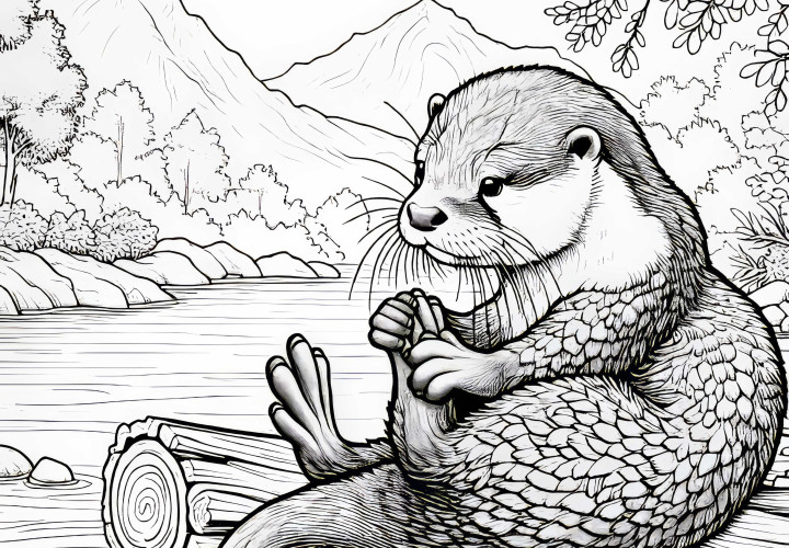 Lontra limpando seu pelo em tronco de árvore como uma imagem para colorir (Grátis)