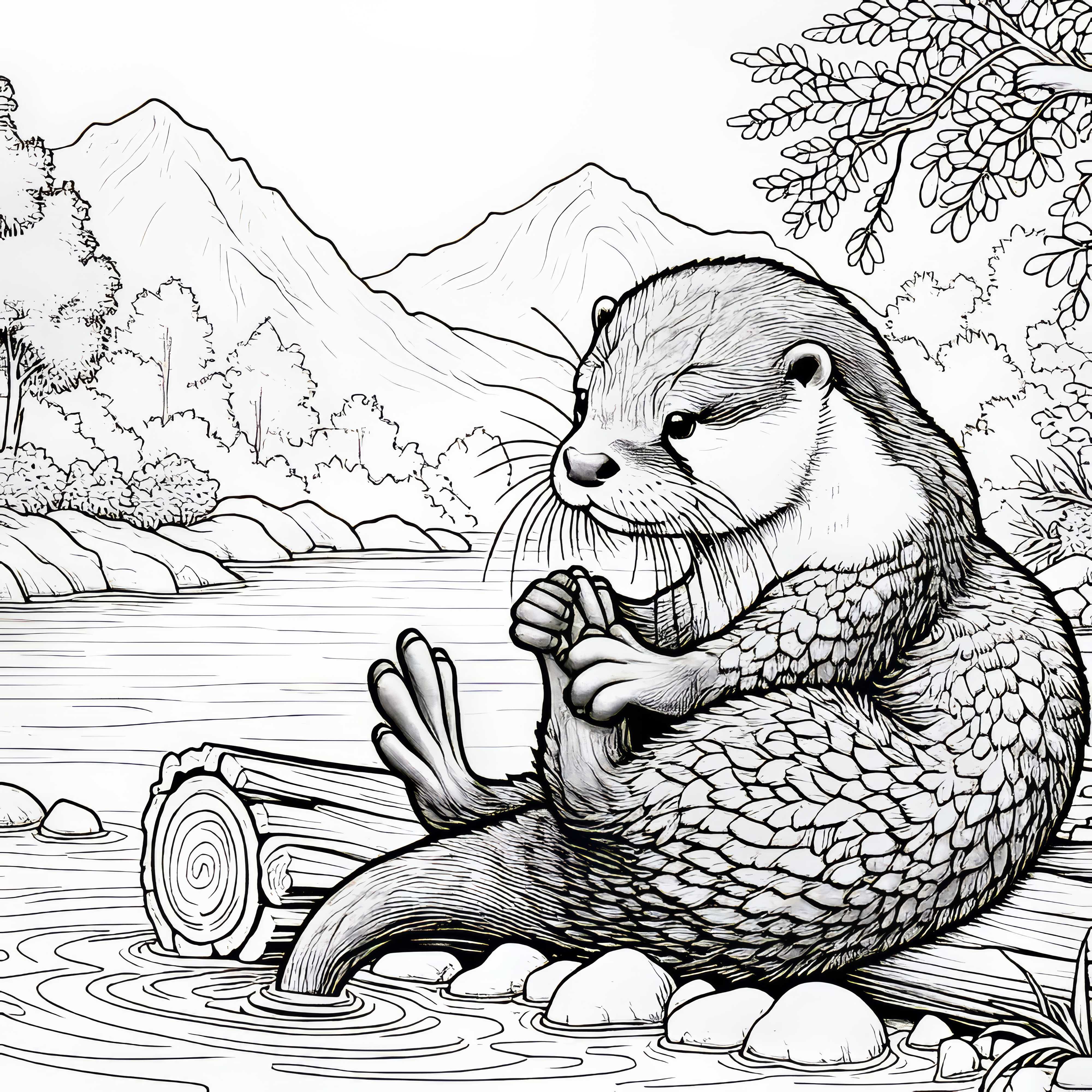 Lontra limpa seu pelo em tronco de árvore como imagem para colorir (Grátis)