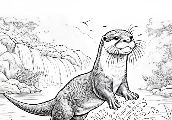 Lontra salta na água: Desenho para colorir detalhado (Grátis)