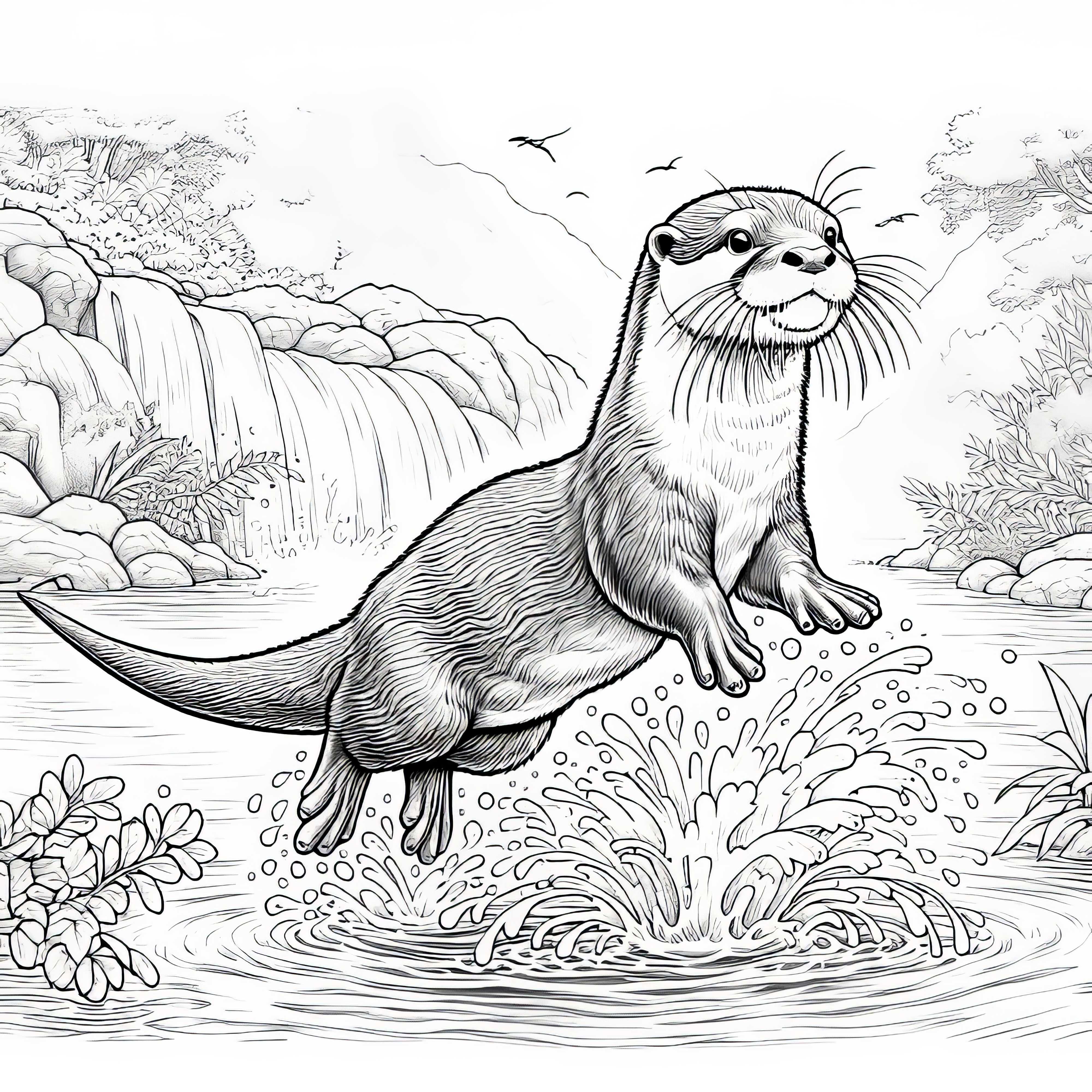 Lontra salta na água: Desenho para colorir detalhado (Grátis)