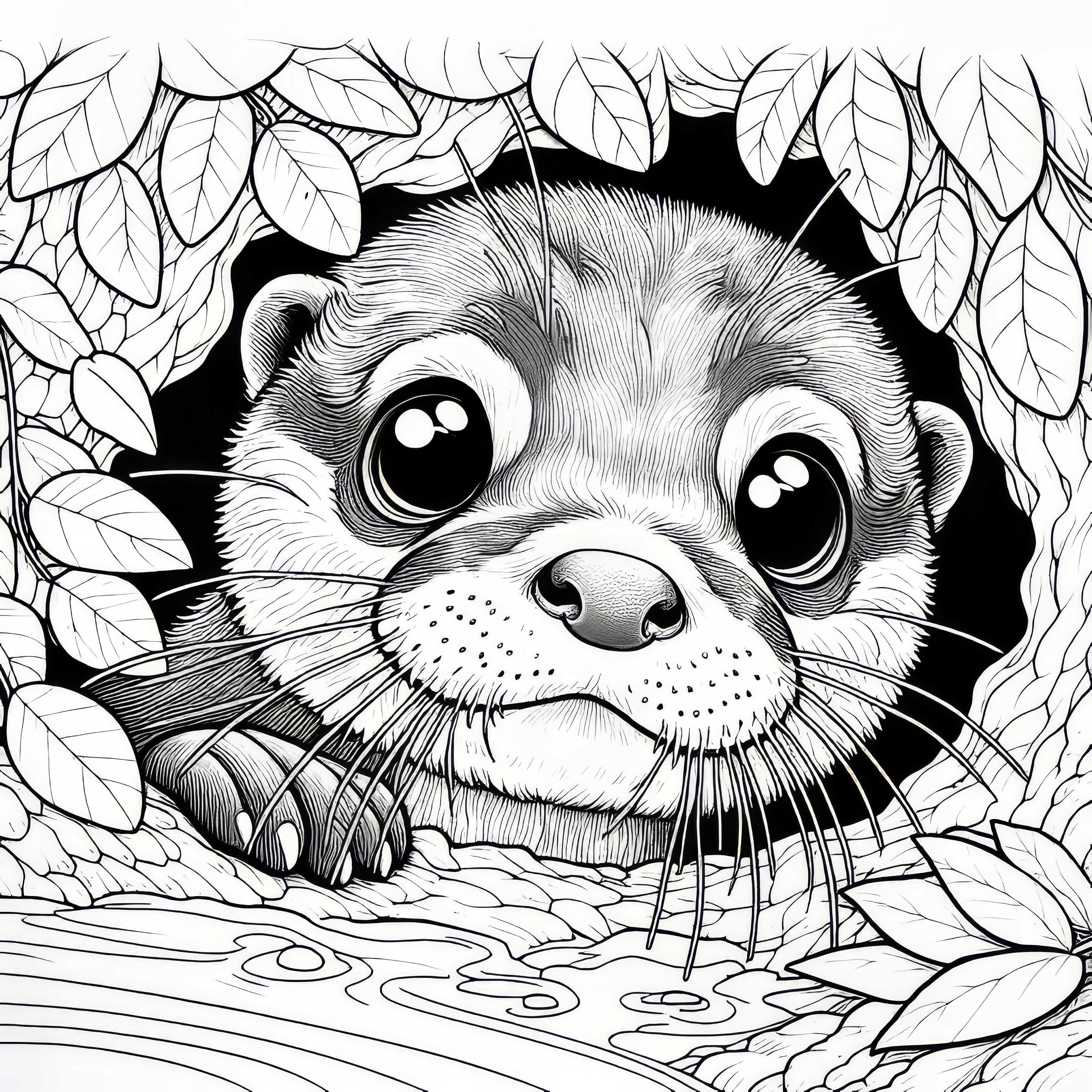 Lontra curiosa com grandes olhos olha para fora da toca: Desenho para colorir para imprimir (Grátis)