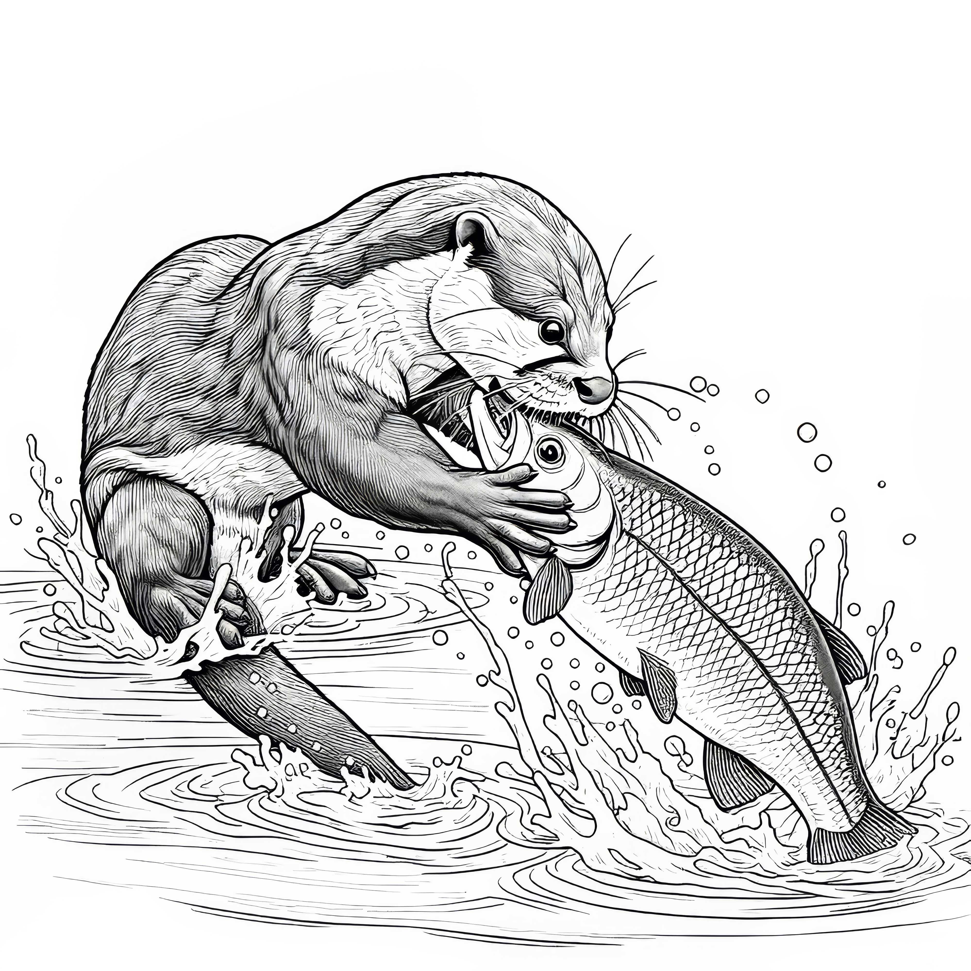 Lontra pega um peixe: Desenho para colorir de alta qualidade (Gratuito)
