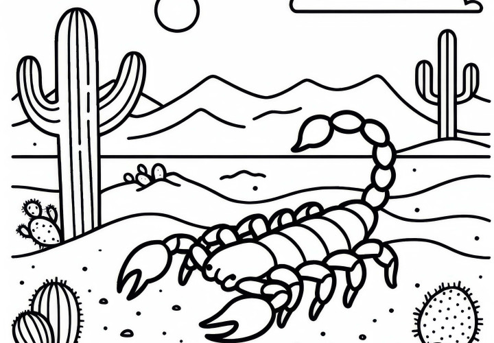 Escorpião na areia do deserto com cacto: Desenho para colorir (Gratuito) Escorpião na areia do deserto com cacto: Imagem para colorir simples (Gratuito)