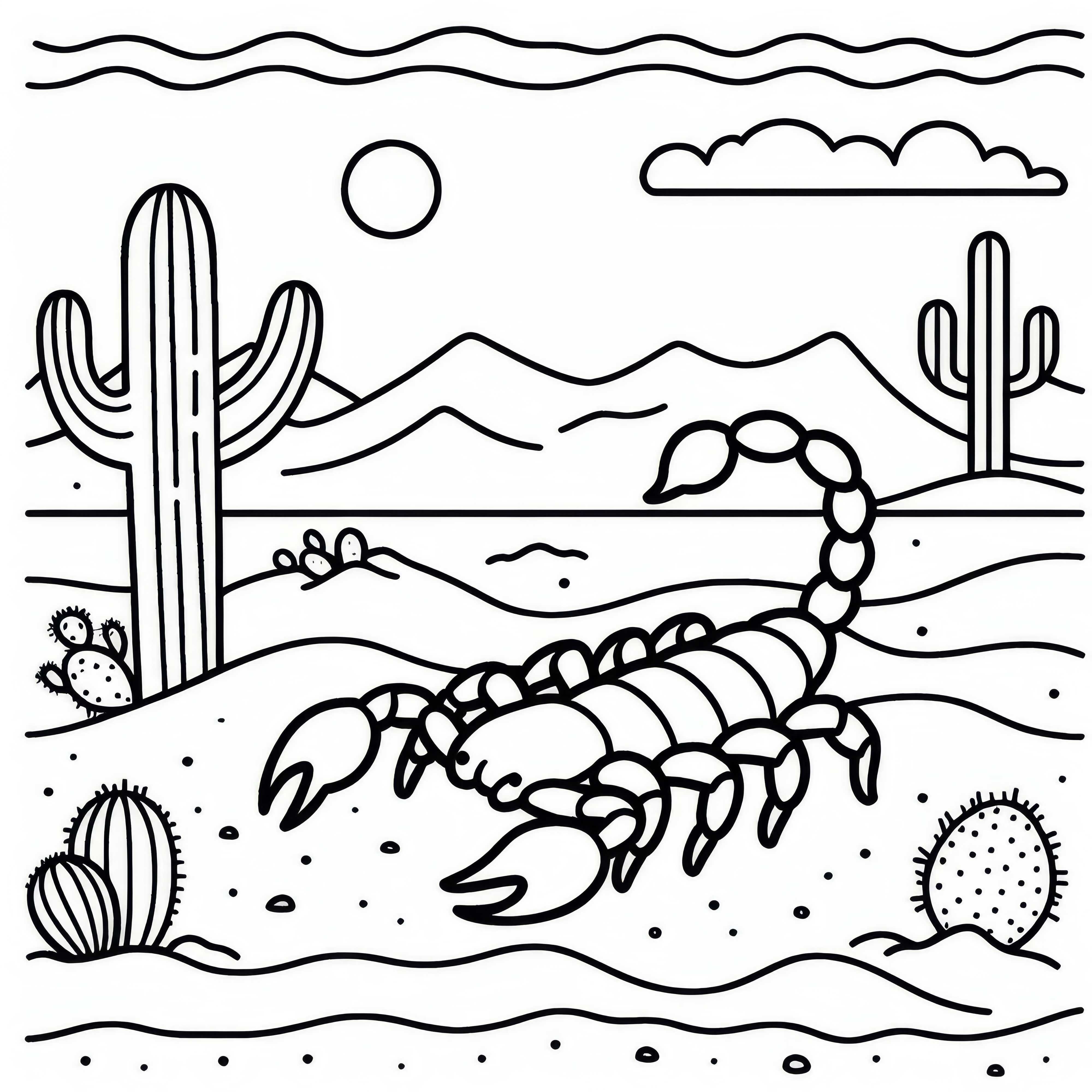 Escorpião na areia do deserto com cacto: Desenho para colorir simples (Grátis)